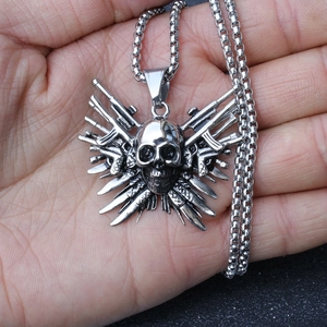 Punk skeleton skull pendant necklace with pistols and rifles in silver stainless steel