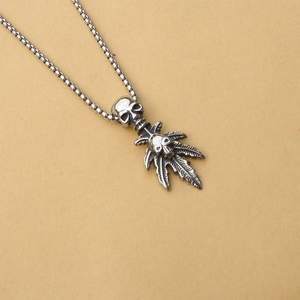 Punk style stainless steel necklace with skull and maple leaf pendant on square pearl chain