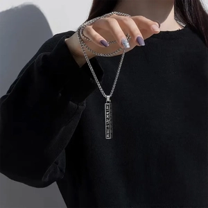 Gothic vintage stainless steel square pillar pendant necklace with Buddhist carvings
