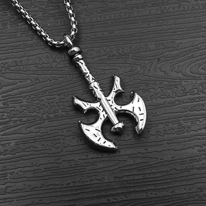 Retro stainless steel double-sided battle axe pendant necklace for men with engraved textures