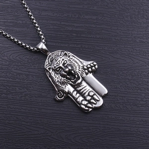 Punk style stainless steel Hamsa hand and tiger head pendant with box chain necklace