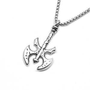 Vintage stainless steel battle axe pendant necklace with antique finish on box chain