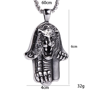 Punk style stainless steel tiger head pendant necklace with 60cm chain for men