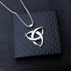 Men's silver stainless steel necklace with Nordic Triple Horn of Odin pendant on jewelry box
