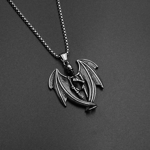 Gothic winged skull pendant necklace in vintage stainless steel with square box chain