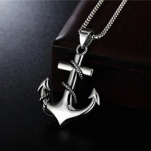 Hip hop nautical anchor pendant necklace in polished titanium steel with box chain