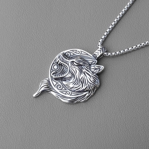 Macro detail of Nordic Viking wolf head pendant featuring intricate embossed textures