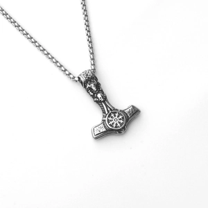 Vintage Thor's Hammer Mjolnir pendant necklace with Nordic rune symbols on box chain