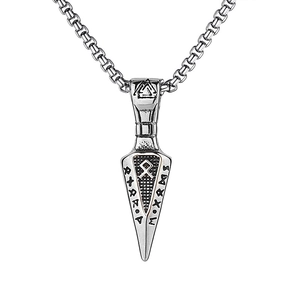 Vintage stainless steel Viking arrow necklace with Rune engravings and square chain