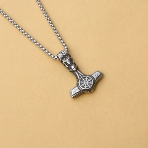 Vintage Viking Mjolnir pendant necklace with Nordic compass and skull details for men