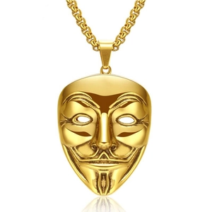 Collier avec pendentif masque de Guy Fawkes en acier inoxydable doré et poli brillant