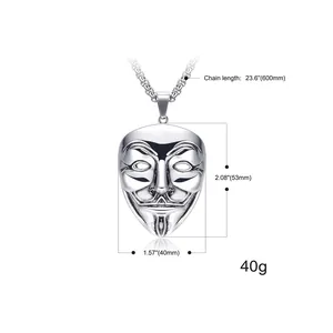 Collier pendentif masque V pour Vendetta en acier avec chaîne Byzantine 600mm