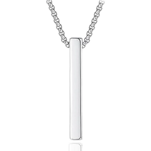 Close-up of minimalist polished silver stainless steel rectangle pendant with box chain