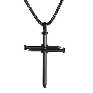 Detail of punk style black stainless steel cross pendant made of three nails on box chain