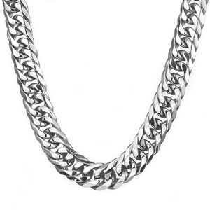 Detailed macro view of 14mm thick polished silver Cuban link chain with secure clasp