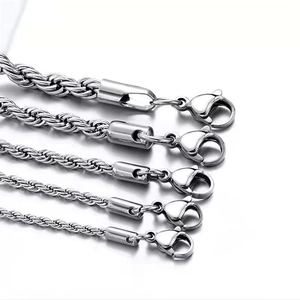 Silver stainless steel twisted rope chains for men in various thickness with lobster clasps