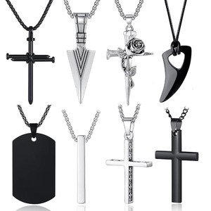 Zinc Alloy Rhinestone Cross Pendant Necklace For Men Gothic Punk Arrow Wolf Tooth Dog Tag Pendant Hip Hop Jewelry