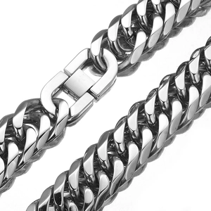 Polished 14mm silver stainless steel Cuban link necklace with heavy-duty rectangular clasp