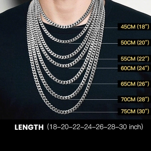 Comparison of silver Cuban link chains in various lengths from 18 to 30 inches on a model