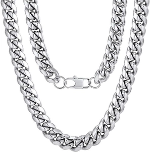 Detailed view of polished silver stainless steel Cuban link chain with secure lobster clasp