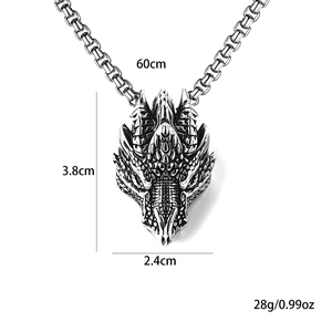 Retro stainless steel dragon head pendant necklace with 60cm square link chain
