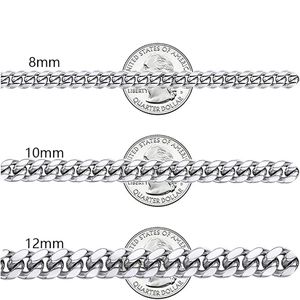 Detailed view of silver stainless steel Cuban link chains in 8mm, 10mm, and 12mm widths