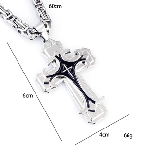 Men's triple-layer titanium steel cross pendant necklace with Byzantine chain 60cm