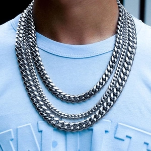 Triple layered silver Cuban link chain necklace set with industrial streetwear style