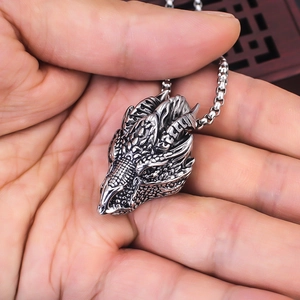 Gothic punk dragon head pendant in stainless steel with intricate silver scales and box chain