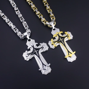 Byzantine chain necklace with stainless steel cross pendant in silver and gold tone