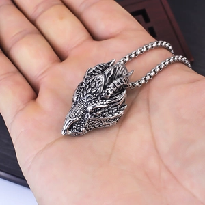 Vintage punk dragon head necklace in stainless steel with retro blackened metal finish