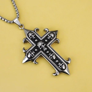 Vintage Gothic Totenkopf Kreuzhalskette aus Edelstahl mit robuster Boxkette