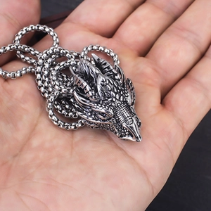 Vintage stainless steel dragon head pendant necklace for men with retro oxidized finish