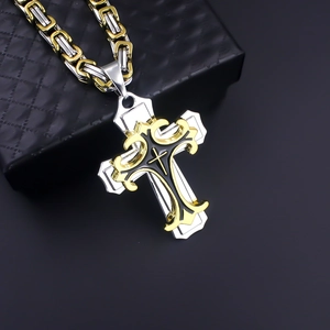 Baroque cross necklace with gold and silver byzantine chain and tricolor pendant