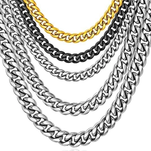 Polished Cuban link chains in gold, black and silver steel with varied width options