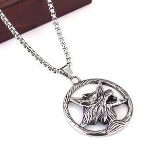 Primo piano della collana con pendente testa di lupo vichingo vintage e pentagramma