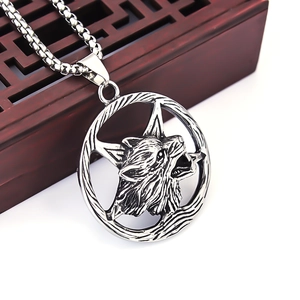 Collana con pendente testa di lupo e pentagramma vintage su catena a scatola in acciaio