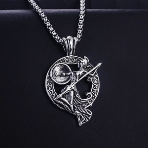 Vintage stainless steel Greek goddess pendant necklace with intricate warrior relief