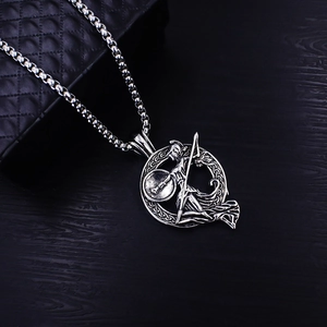 Detailed view of retro stainless steel pendant featuring a carved Spartan warrior design