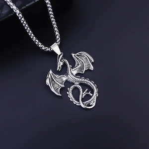 Retro stainless steel dragon pendant necklace with detailed wings and vintage silver finish