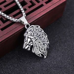 Vintage stainless steel lion head pendant with Celtic knot on a silver box chain necklace