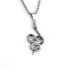 Macro detail of silver stainless steel snake pendant with detailed scales on box chain