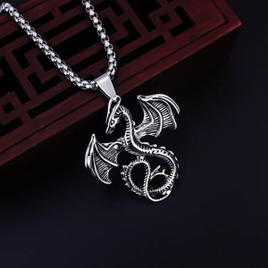 Gothic style stainless steel dragon pendant necklace with antique silver finish and chain
