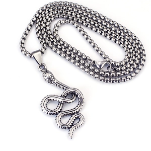 Silver stainless steel snake pendant necklace with detailed scales on white background