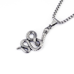 Detailed view of silver snake pendant with textured scales on a stainless box chain