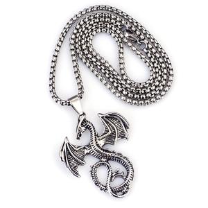 Vintage stainless steel dragon pendant necklace with detailed scales and box chain
