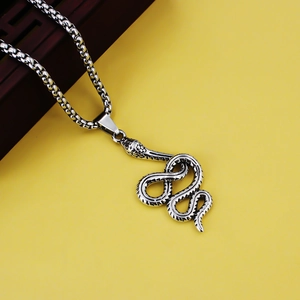 Retro stainless steel coiled snake pendant necklace for men with a vintage silver finish