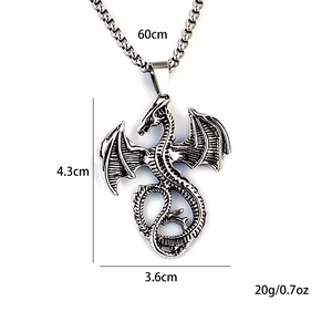 Stainless steel flying dragon pendant necklace with 60cm chain length and size details