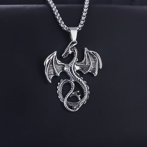Vintage stainless steel dragon pendant necklace with detailed scales on box chain