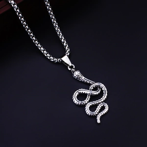 Retro stainless steel snake pendant necklace with detailed scales on a silver box chain